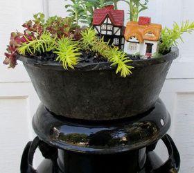 diy project mother s day fairy garden, gardening, Here s another Clearance concrete pot for 1 two little houses from a yard sale for 1 and plants from the yard