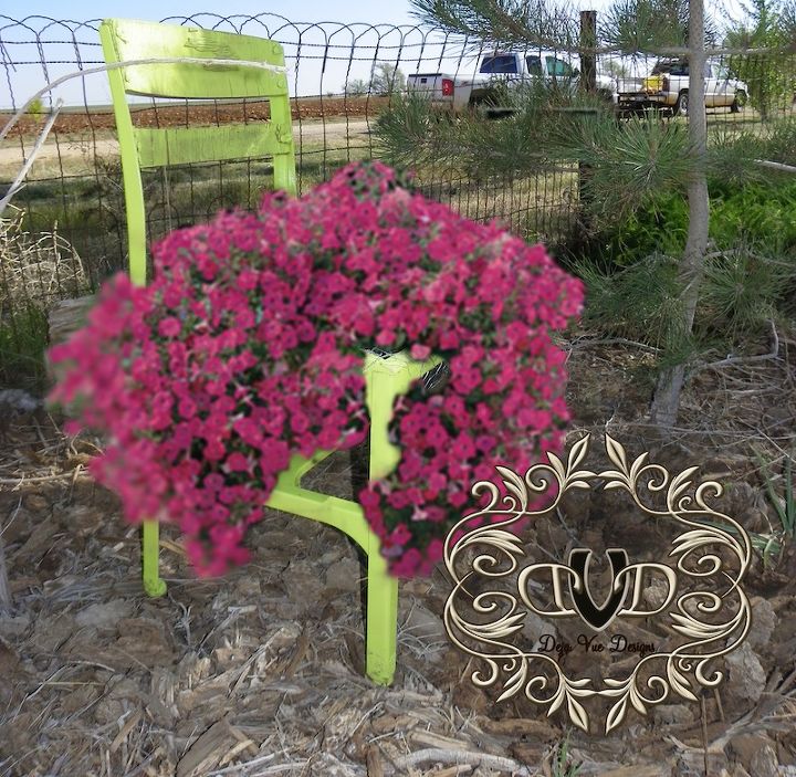 an old chair get a new life, container gardening, gardening, repurposing upcycling, Planted up with wave petunias she s just perfect for the corner of the yard that needs a pop of color