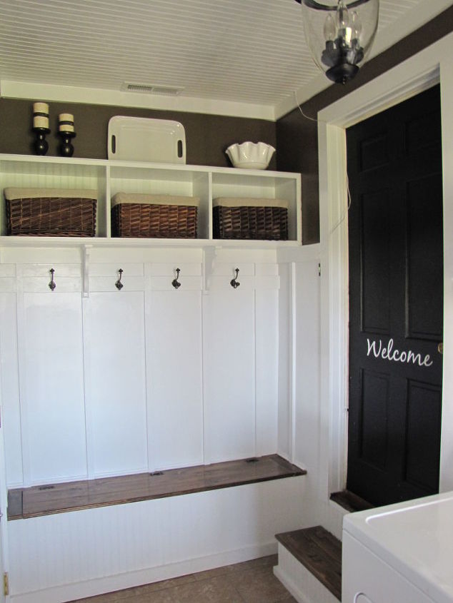 adding a mudroom to our garage, garages, home improvement, laundry rooms, We stored hats and gloves in the baskets above the coat rack