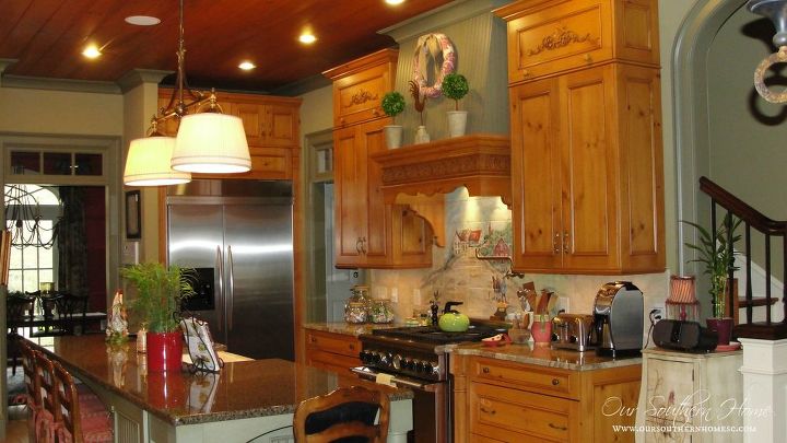 french country kitchen tour, home decor, kitchen design, kitchen island, The hood really stands out being painted the same color as the island against all the pine