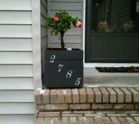 pallet planter, flowers, gardening, hibiscus, pallet, repurposing upcycling, Planter made from leftover pallet boards Painted it with the same colors as on the house Painted the house numbers on it and planted a pretty hibiscus in it