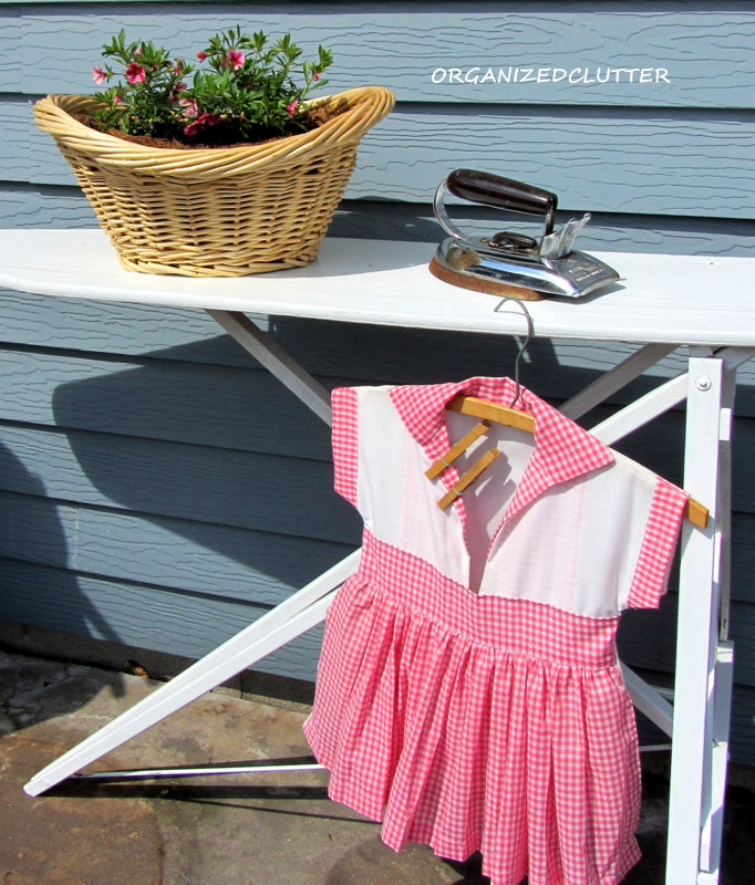 pressing garden matters, container gardening, gardening, outdoor living, An old ironing board that I recently painted white makes a great out door vignette on the patio
