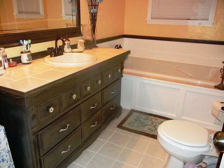 dresser to bathroom vanity, bathroom ideas, home decor, painted furniture, repurposing upcycling, Now the Beautiful After