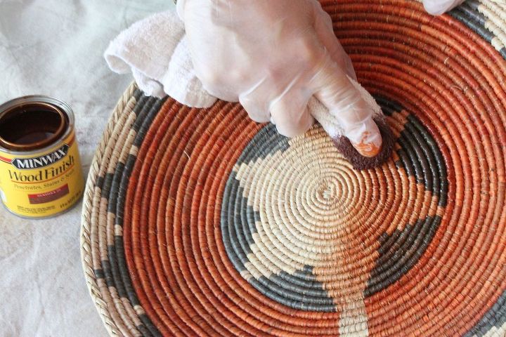 aging new indian baskets to look old, crafts, I started with the Gunstock stain to darken all my basket area it made the most impact on the cream areas