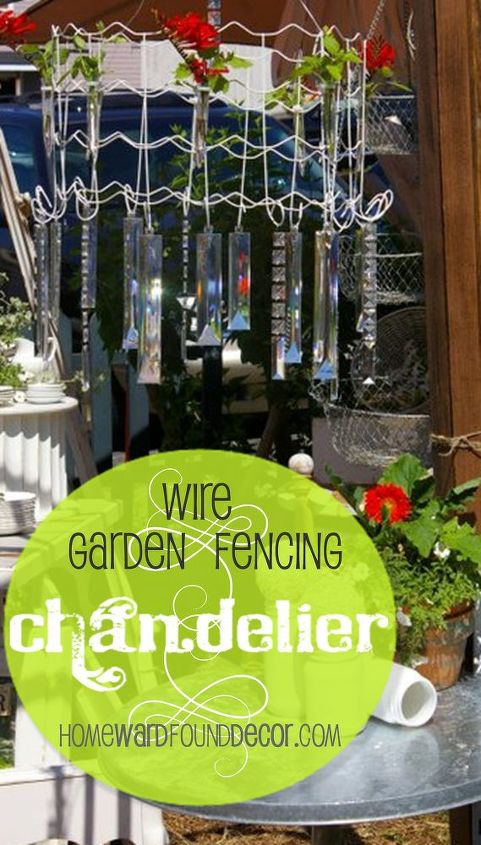 garden chandelier made from wire garden fencing, crafts, outdoor living, repurposing upcycling, Outdoor chandeliers made from wire garden fencing resin crystals and test tubes