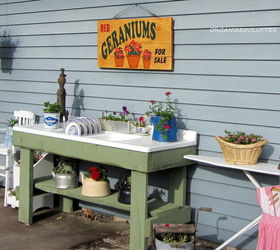a whimsical outdoor kitchen, flowers, gardening, outdoor living, The rest of the outdoor kitchen an old scrub pail and ironing board