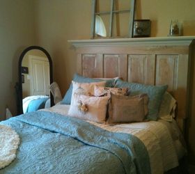 queen size old door headboard made on the light side, bedroom ideas, painted furniture, repurposing upcycling