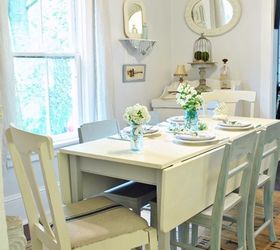 simple tricks for decorating with white, home decor, living room ideas, Use varying shades of white Steam White paint by Laura Ashley has a gray blue undertone and is used on the walls in the dining room Paris Gray chairs and a blue mason jar with flowers add a pop of color for added interest