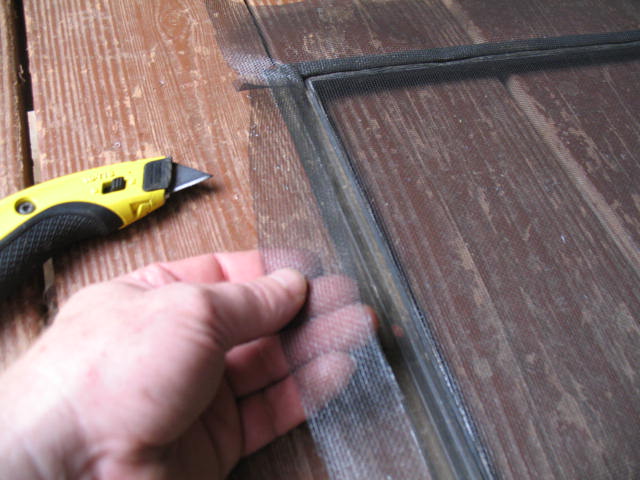 screen door repair, Now you can trim the screen Take a razor knife and trim the screen in the groove on the outside of the rubber piece just installed