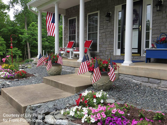 porches with patriotic appeal, curb appeal, outdoor living, patriotic decor ideas, seasonal holiday decor, Porch with patriotic spirit from many flags