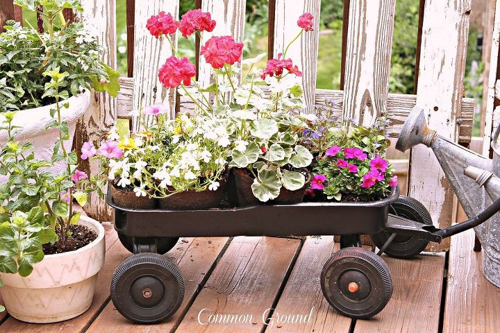 vintage children s wagon with flowers, decks, repurposing upcycling
