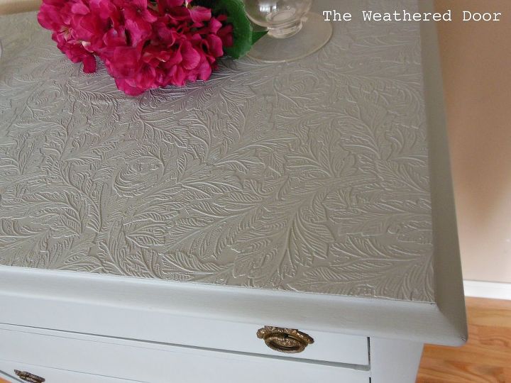 use paintable wallpaper to cover ruined furniture tops, painted furniture, The wallpaper adds some interest and texture to the top of the dresser