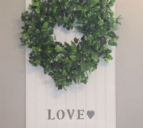 diy boxwood amp bead board wall art, crafts, home decor, wreaths, Here is the finished piece with the word LOVE stensiled with a heart