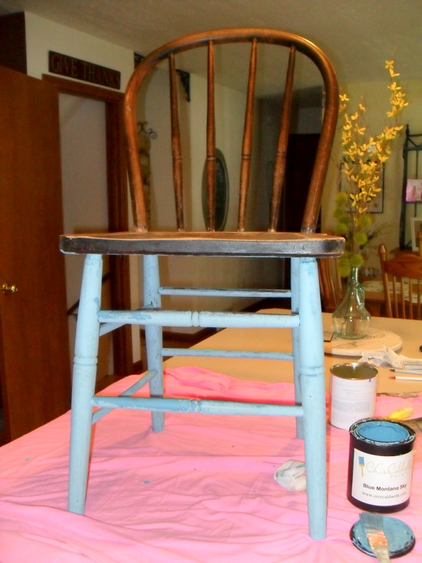patriotic chair decor, chalk paint, painted furniture, I was given this old chair which is quite wobbly so I scrubbed it up and used CeCe Caldwell s Montana Blue Sky on the base and back