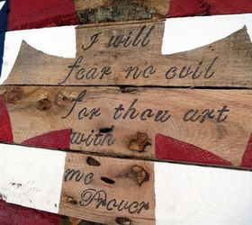 how to make an american flag from a pallet, crafts, pallet, patriotic decor ideas, repurposing upcycling, seasonal holiday decor, I chose to stencil a scripture in the center of my cross