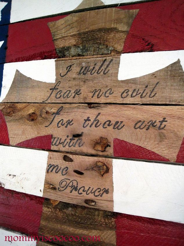 how to make an american flag from a pallet, crafts, pallet, patriotic decor ideas, repurposing upcycling, seasonal holiday decor, I chose to stencil a scripture in the center of my cross