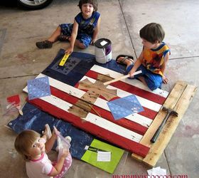 how to make an american flag from a pallet, crafts, pallet, patriotic decor ideas, repurposing upcycling, seasonal holiday decor, Paint the pallet planks alternating red and white Paint a small navy square in the top left corner Be sure you don t paint over your traced section I used 1 00 crafters paint for all my paints