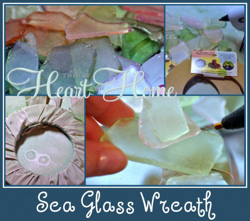 sea glass wreath, crafts, Using a particle board wreath base found in the floral design section of your craft stores I made the cutest wreaths Wrap them w ribbon and hot glue sea glass onto the base stack the glass to make it interesting