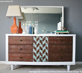 painting chevron and herringbone patterns the easy way with stencils, painted furniture, Herringbone stencil pattern on a Mid Century Modern chest of drawers