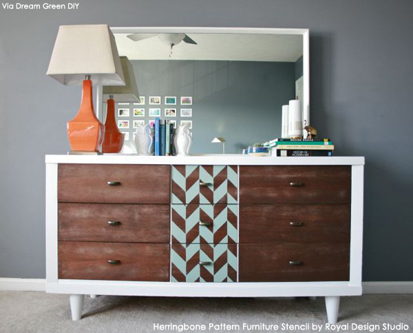 painting chevron and herringbone patterns the easy way with stencils, painted furniture, Herringbone stencil pattern on a Mid Century Modern chest of drawers