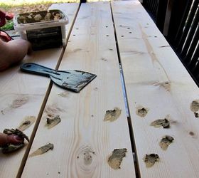 repurpose old kitchen chairs, painted furniture, He used wood filler to cover the screws