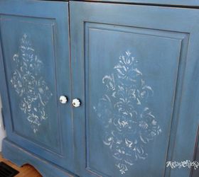 stenciled blue armoire w 3 color technique annie sloan chalk paint, chalk paint, painted furniture, Bottom half finished with stencil and dark wax