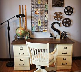 pottery barn inspired desk using goodwill filing cabinets, chalk paint, home decor, kitchen cabinets, painted furniture, repurposing upcycling, Desk in it s new home in my office I decided to hang my side of the road find mattress spring above it to use as a bulletin board