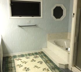 q ideas for this master bathroom, bathroom ideas, home improvement, painting, Master bathroom with 80 s wallpaper peeling at the edges around the tub