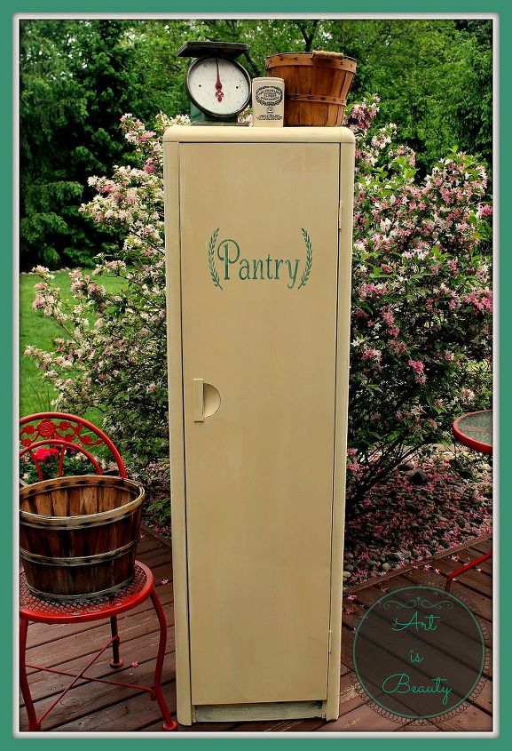 old tired free locker turned into a vintage inspired pantry, cleaning tips, closet, home decor, kitchen design, painted furniture, repurposing upcycling, my finished Pantry Locker ready to go