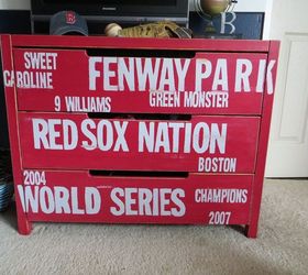subway style baseball dresser for my redsox fans ikea hack, painted furniture, A fun update on a boring Ikea dresser subway style lettering in their team s colors DIY vintage