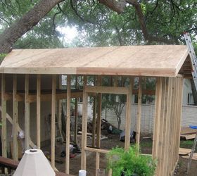 building a backyard shed shop, Roofing begins