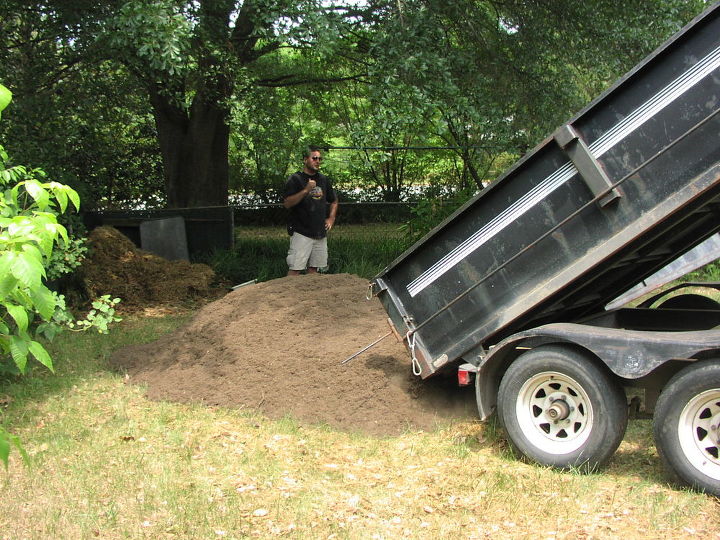 garden beds, gardening, landscape, outdoor living, raised garden beds, here s the big huge truck that came to deliver a couple tonnes of farm fresh manure enriched topsoil to our yard