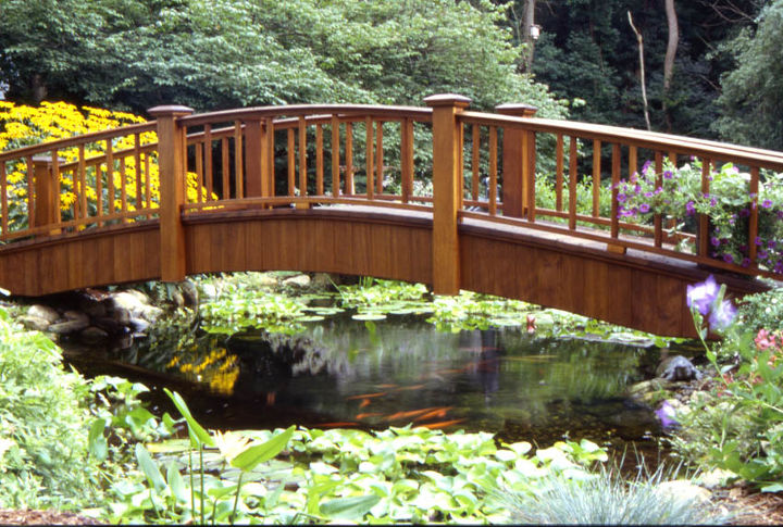 add a bridge to your pond or landscape, outdoor living, ponds water features, A bridge with railing makes an architectural statement in the landscape