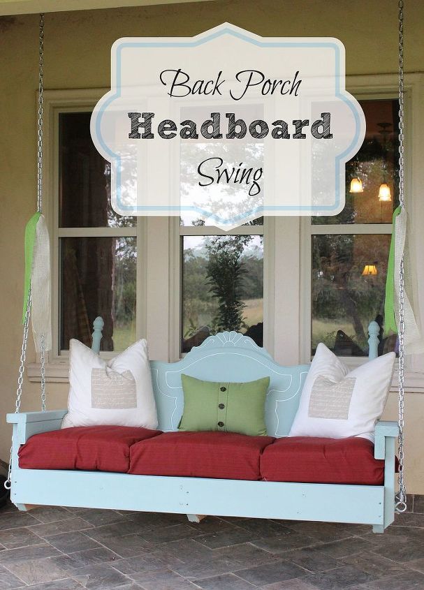 back porch headboard swing, diy, outdoor living, repurposing upcycling, After the paint had dried we added outdoor pillows for added comfort We chose deep seated cushions for the bottom