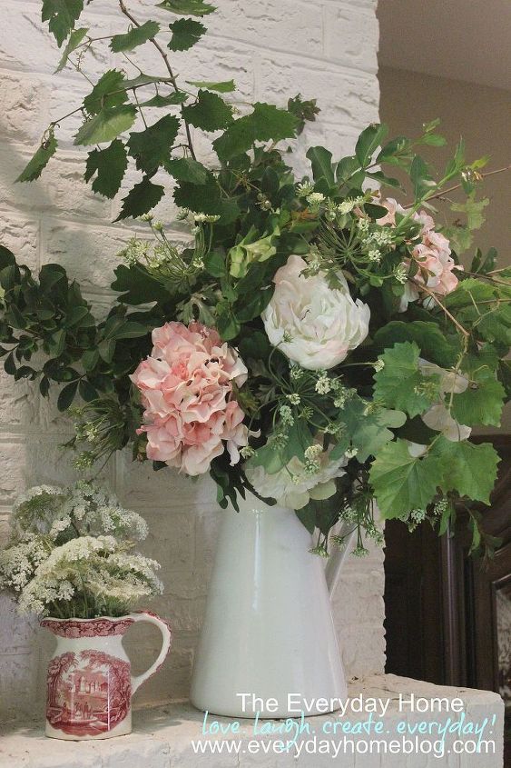 how to create a summertime mantel for free, flowers, home decor, More yard clippings filling a large farmhouse pitcher