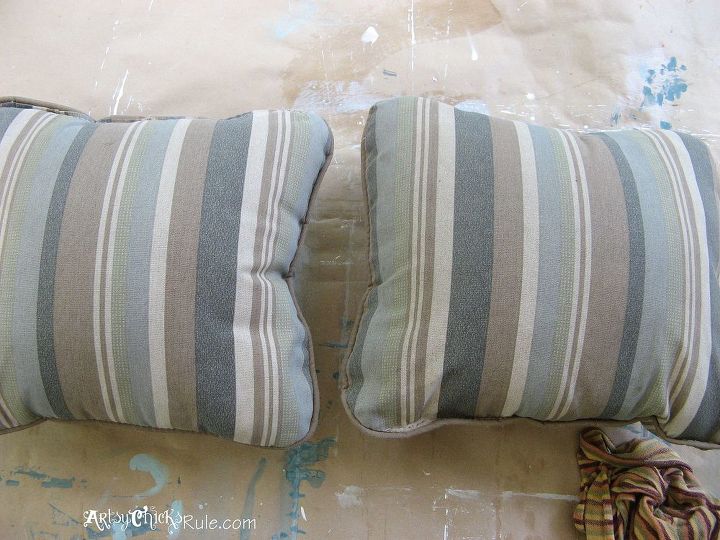 chalk painted porch pillows annie sloan chalk paint, crafts, painting, Pillows before the paint I made sure to wipe them down well with a wet cloth to remove any dirt or debris before painting