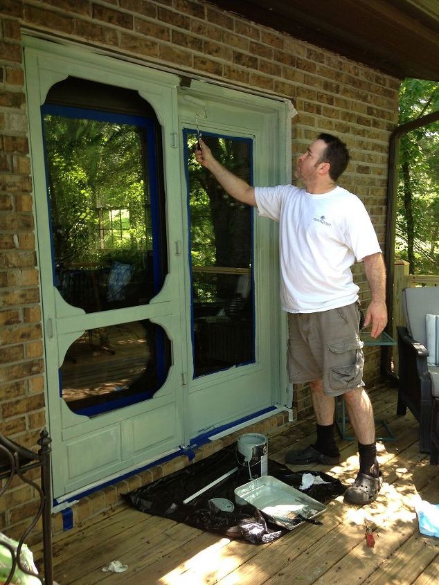 personalize your screen door with a custom stencil, Door being painted Sherwin Williams 6213 Halcyon Green