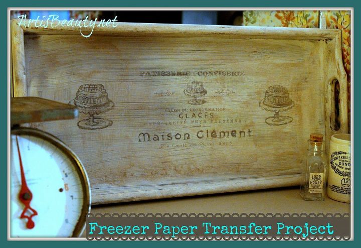 using freezer paper to turn and old plain tray into a vintage french, crafts