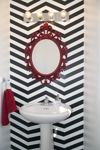 diy chevron bathroom, bathroom ideas, home decor, Accent wall and pop of red