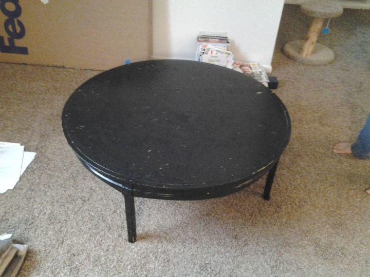 refinishing a craigslist table, home decor, outdoor furniture, painted furniture, The oak table had a layer of lacquer under uneven black spray paint which covered a lovely sunburst tabletop design