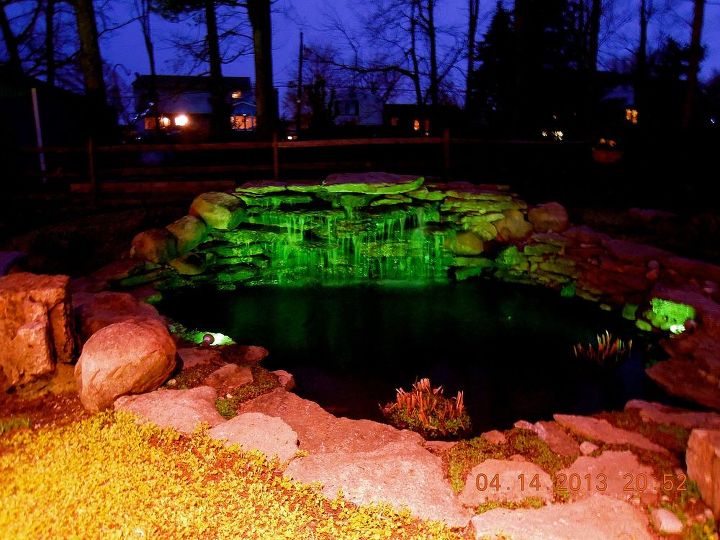 ponds water features, outdoor living, ponds water features, Our pond at night led lights