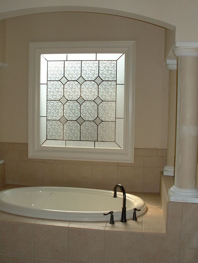 add the look of a stained glass window with faux stained glass fsg by made in the, bathroom ideas, home decor, plumbing, window treatments, windows, Faux Stained Glass on garden tub window by Made in the Shade Blinds More