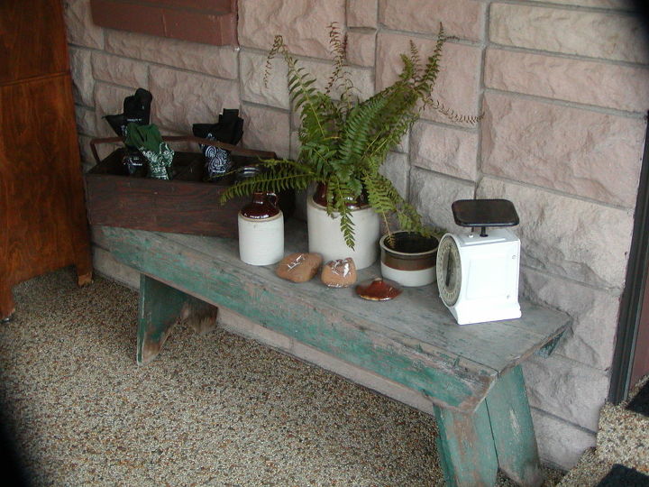 my three seasons porch decorated with mostly finds and vintage, outdoor living, repurposing upcycling, I created a funky junk vignette on an old chippy painted bench that was in our home when we moved it