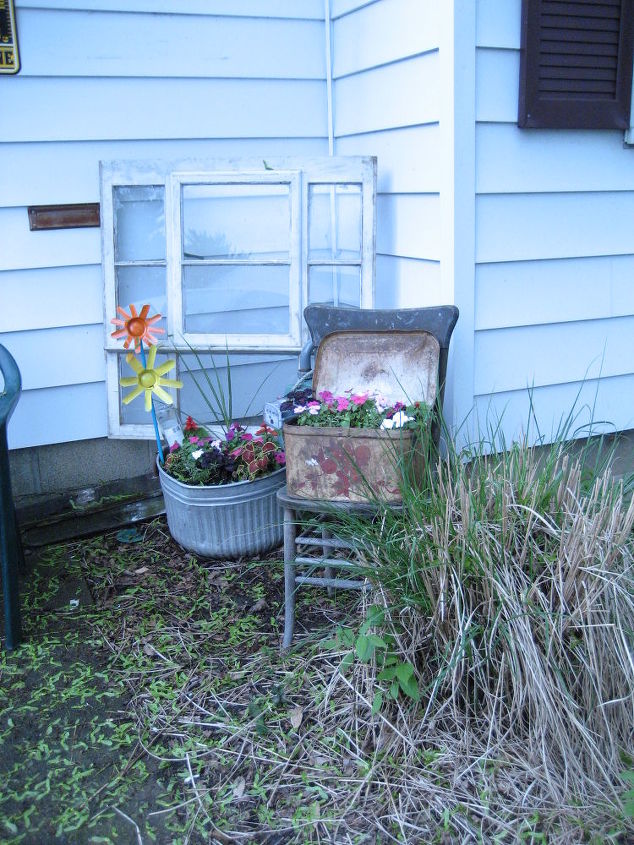 recycled gas can buckets and more, flowers, gardening, repurposing upcycling, upcycled window tub chair bread box