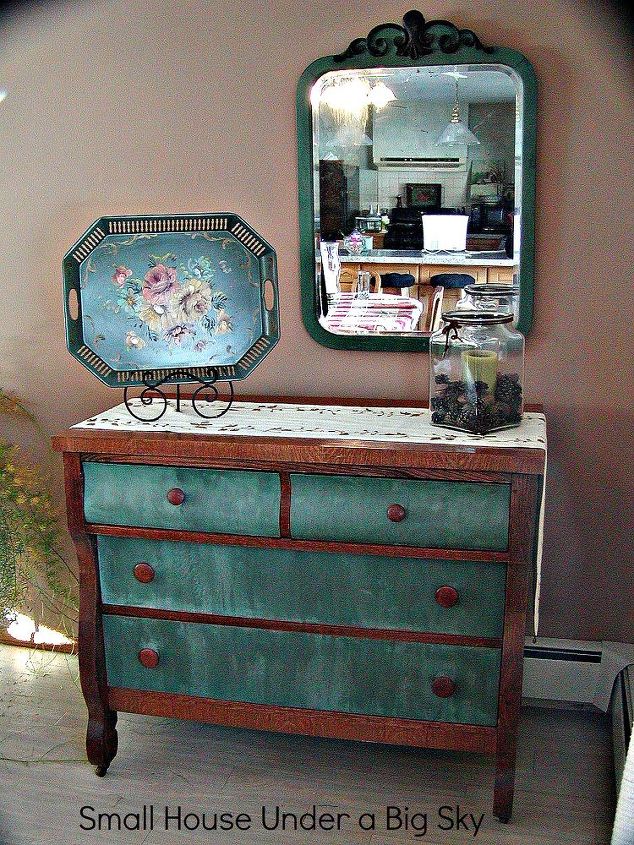 adding storage with vintage dresser, chalk paint, painted furniture, repurposing upcycling, storage ideas, Front view of the four drawer dresser and vintage mirror both painted using chalk paint