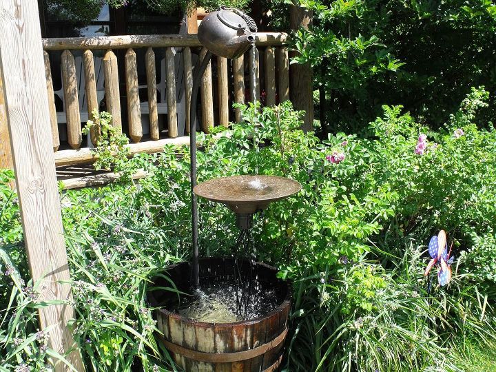 old tea pot fountain, outdoor living, ponds water features, repurposing upcycling, Tea pot fountain made 2013