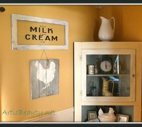 come check out my vintage milk and cream co stenciled paint on glass sign diy, crafts, home decor, repurposing upcycling, the finished sign hanging in my kitchen next to my pallet sign