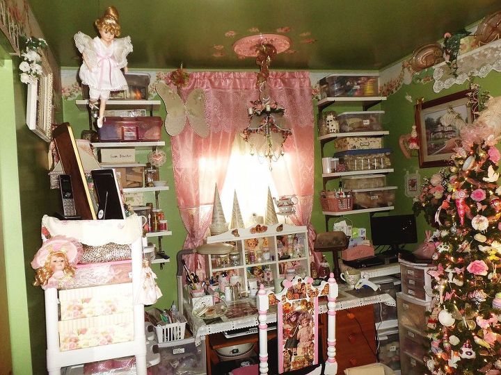my creative space, craft rooms, crafts, home decor, painted furniture, shelving ideas, storage ideas, My work table with shelving on the walls for storage