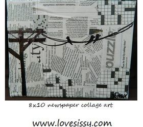 diy wall art tons of ideas, crafts, decoupage, home decor, wall decor, Mod Podge newspaper onto a canvas then when dry draw birds wire with Sharpie