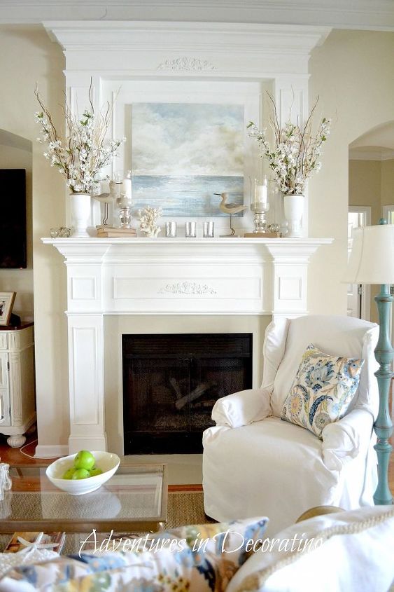 tweaks in our summer great room, home decor, living room ideas, Our nautical mantel will sooooon transition to our Fall mantel summer is going by way too fast